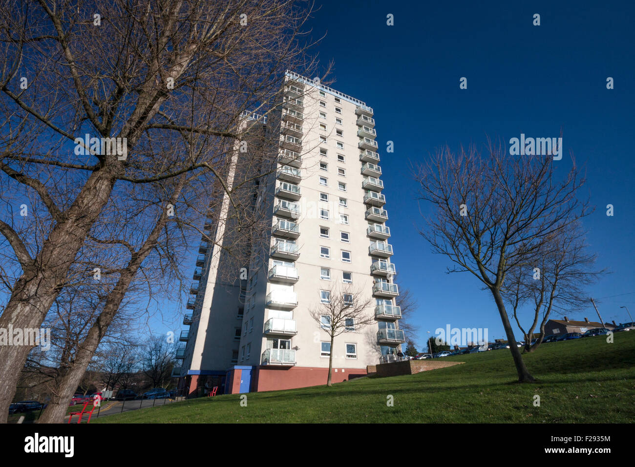 Looking up at a high rise block of flats in Hollington, St Leonards on