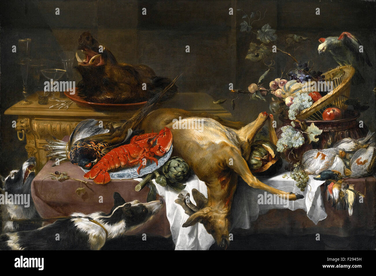 regnskyl oplukker Stænke Frans Snyders or Frans Snijders - Still life with Game, a Lobster and Fruit  laid on a Table. A Parrot and two Greyhounds Stock Photo - Alamy