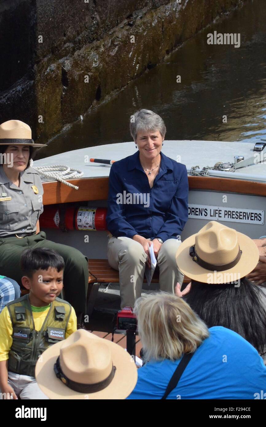 U.S. Secretary of the Interior Sally Jewell takes a boat ride along the Pawtucket Canal during the Annual River Day September 12, 2015 in Lowell, Massachusetts. Stock Photo