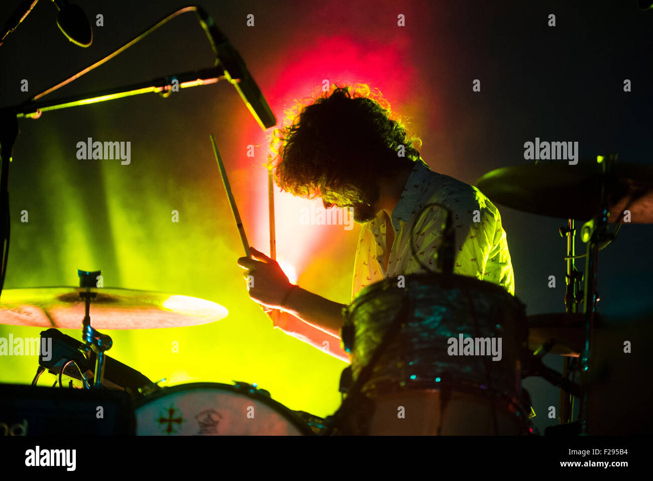 Drummer Julien Barbagallo of the band Tame Impala performs on stage at the Lollapalooza Festival on the grounds of the former Tempelhof airport in Berlin, Germany, 13 September 2015. Photo: Gregor Fischer/dpa Stock Photo