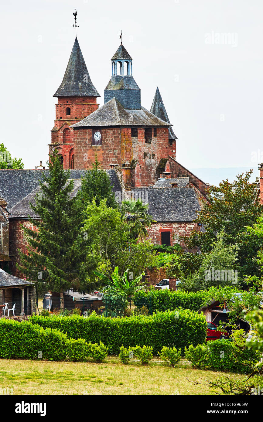 View of the Church of Saint Peter and the village of Collonges-la-Rouge, Correze, Limousin, France. Stock Photo