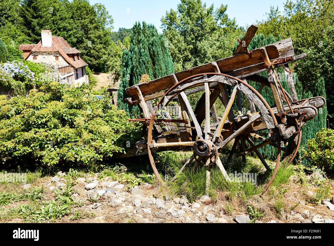 Old wooden and decaying cart, Segur-le-Chateau, Correze, France. Stock Photo