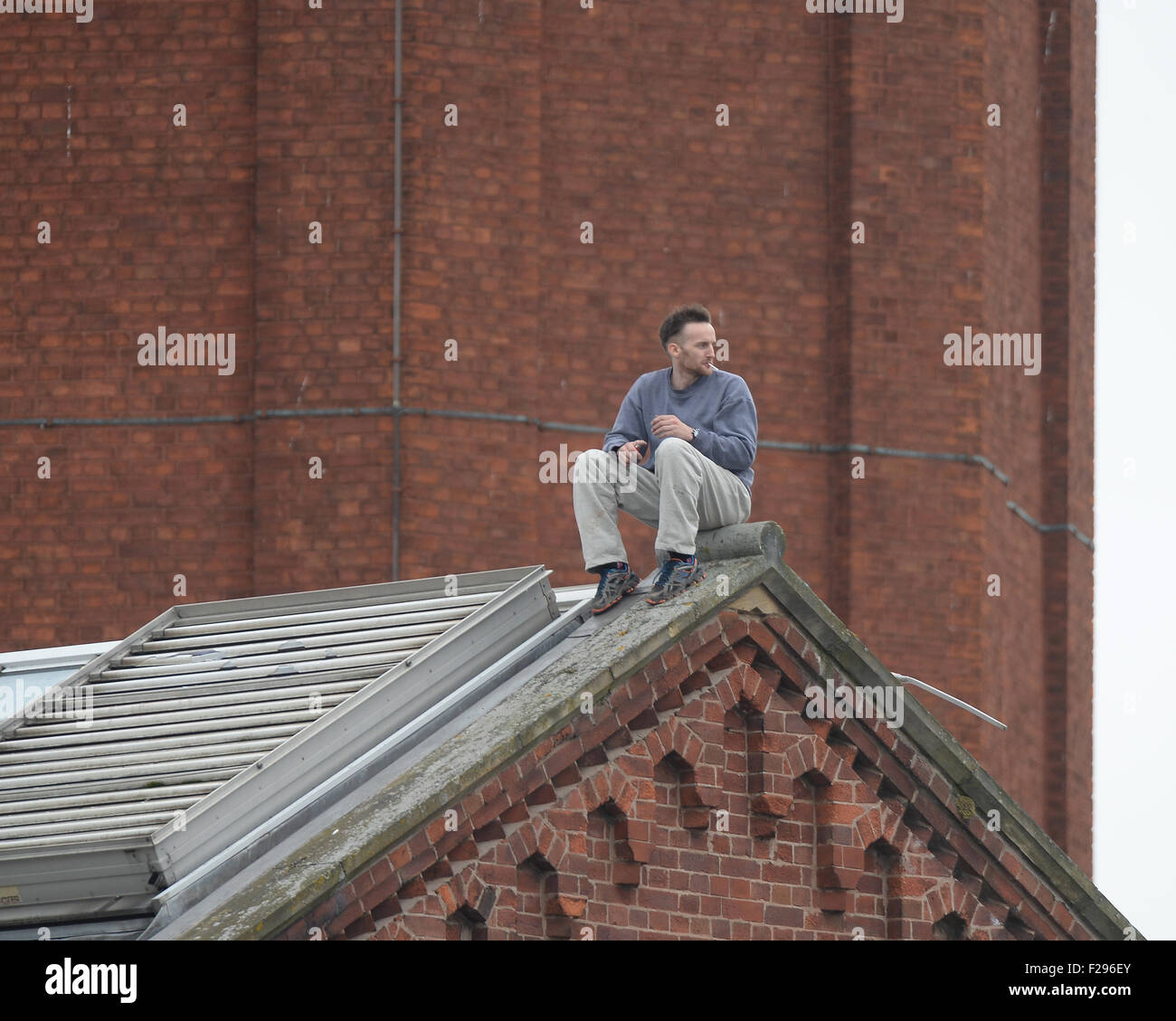 Prisoner Stuart Horner pictured on the roof of HMP Manchester. Stuart Horner's one man protest is about prison conditions Stock Photo