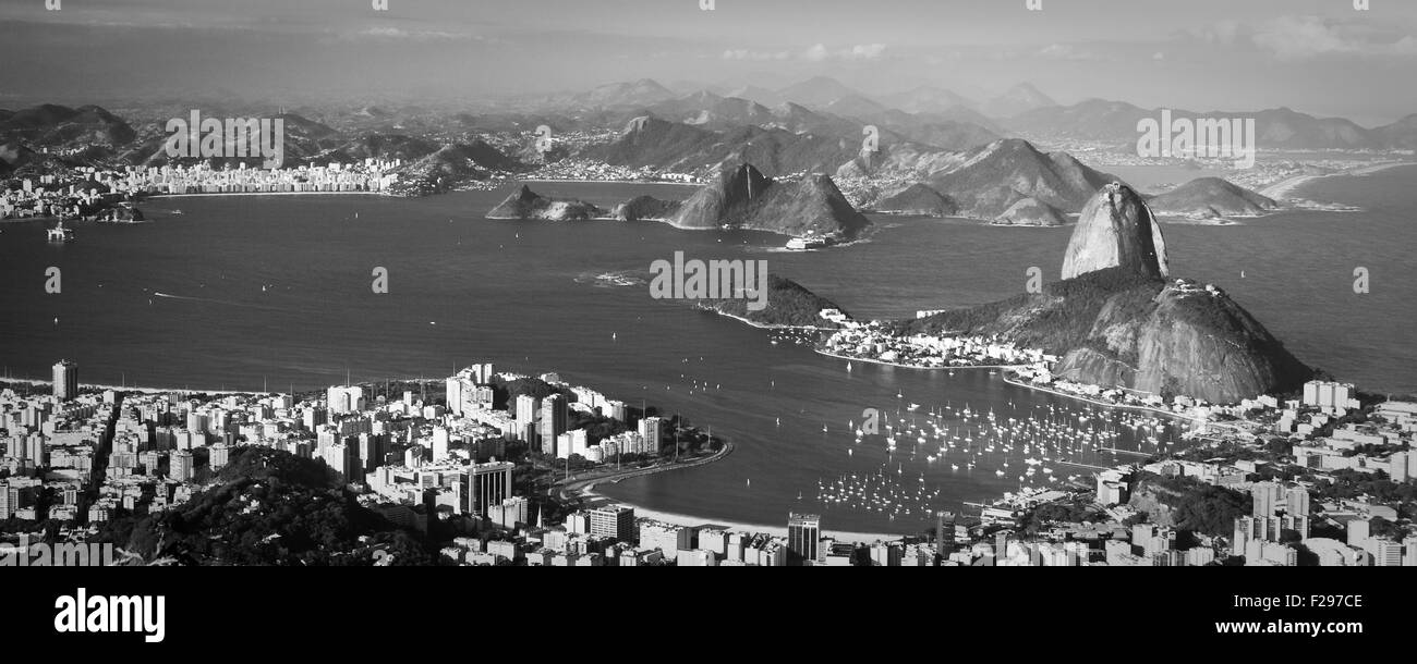 A black and white toned image of Rio de Janeiro seen from above. Stock Photo