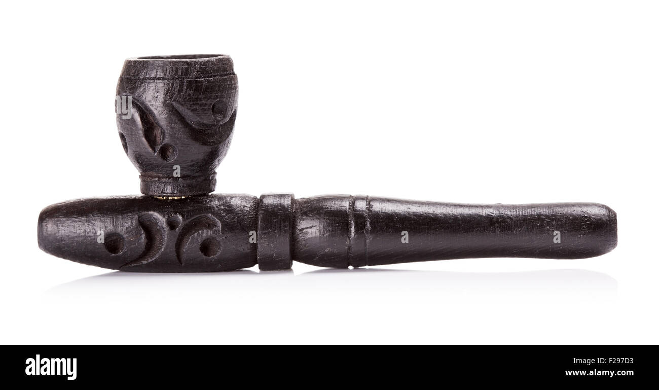 black wooden hashish pipe, isolated on white background Stock Photo