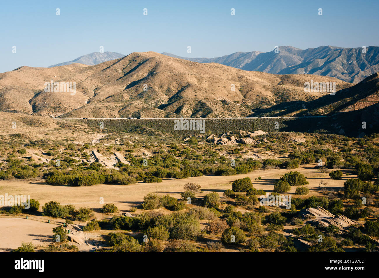 View of distant mountains from Vasquez Rocks County Park, in Agua Dulce, California. Stock Photo