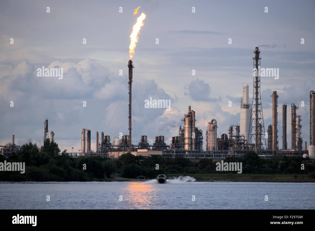 Dow chemical plant burned its residual off after a fault in the production Stock Photo