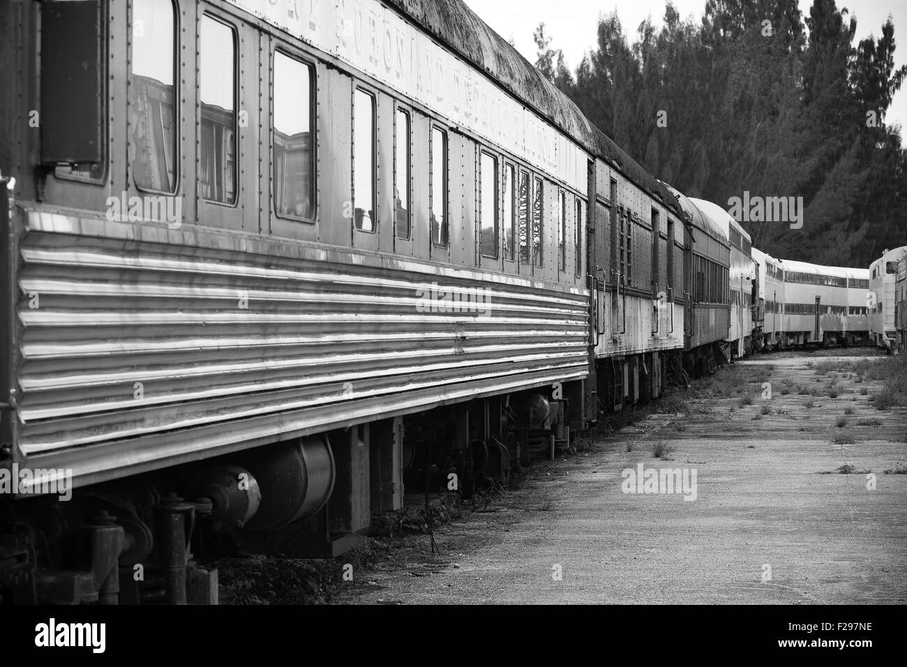 An old train with passenger cars on a trainyard, black and white image