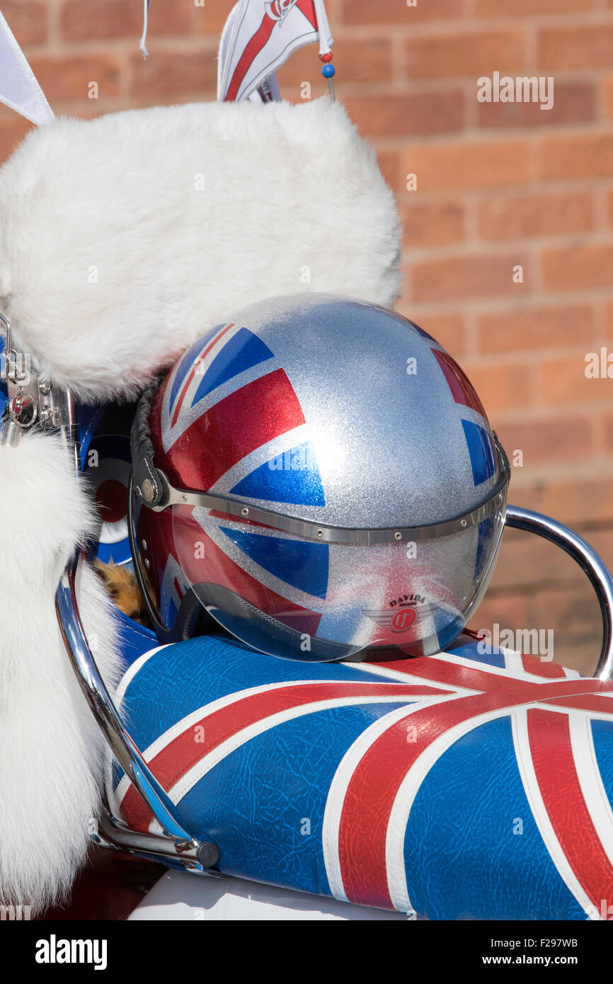 Lambretta scooter with Union Jack seat and helmet, England, UK Stock