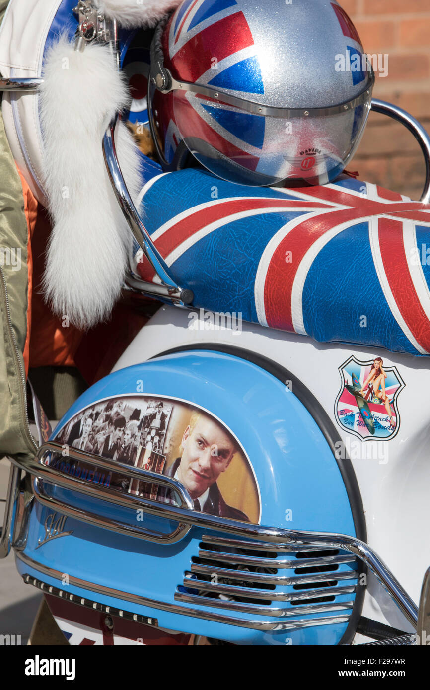 Lambretta scooter with Union Jack seat and helmet, England, UK Stock