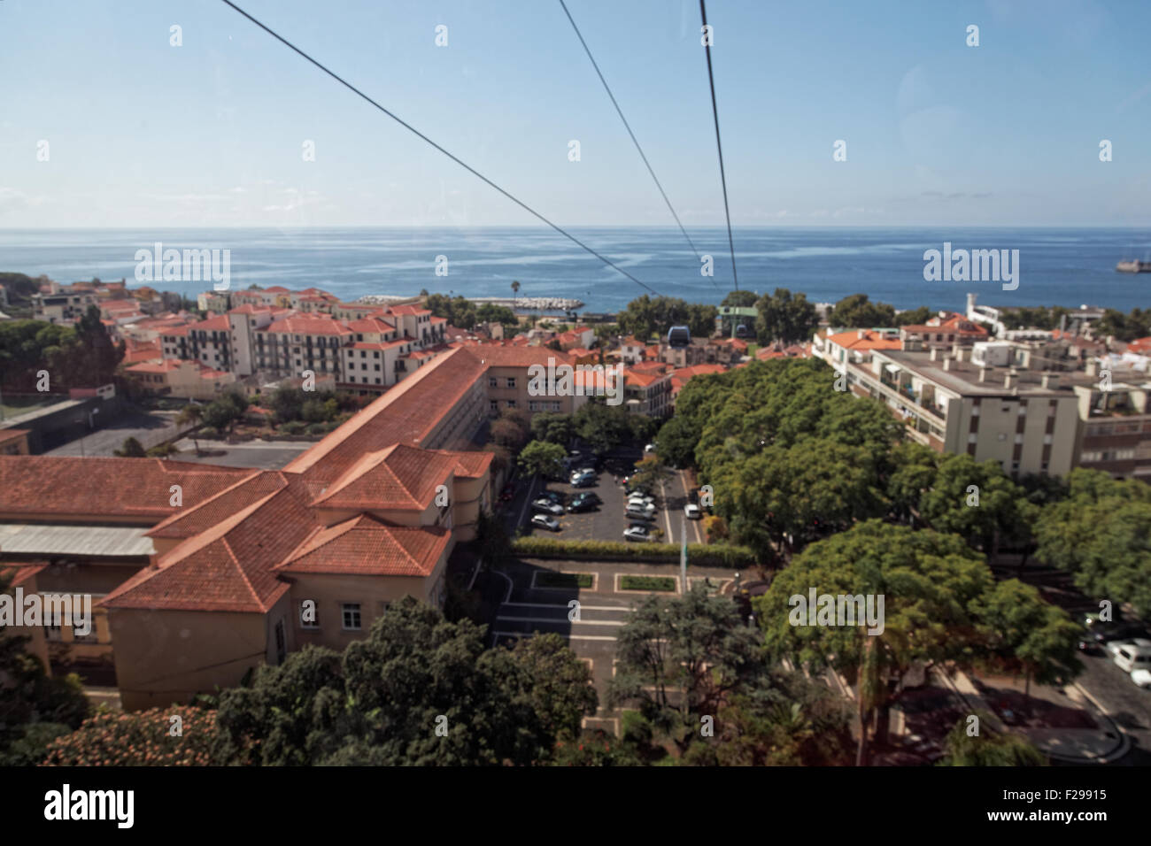 A view from a cable-car across Funchal, Madeira and the Atlantic ocean Stock Photo