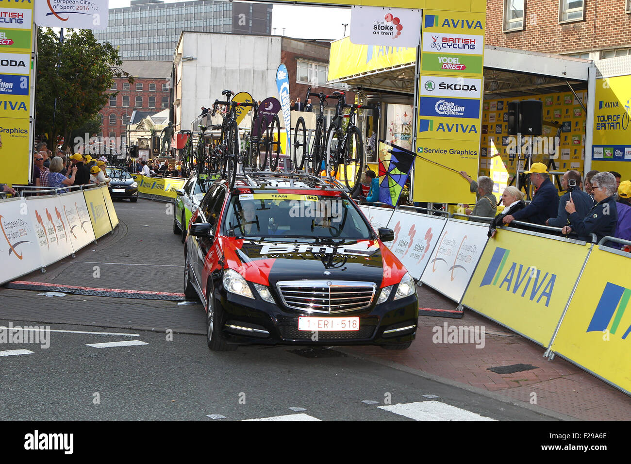 2015, Tour of Britain, Stage 6, Stoke to Nottingham, cycling, UK.   The BMC Team support car sets-off from Stoke Stock Photo