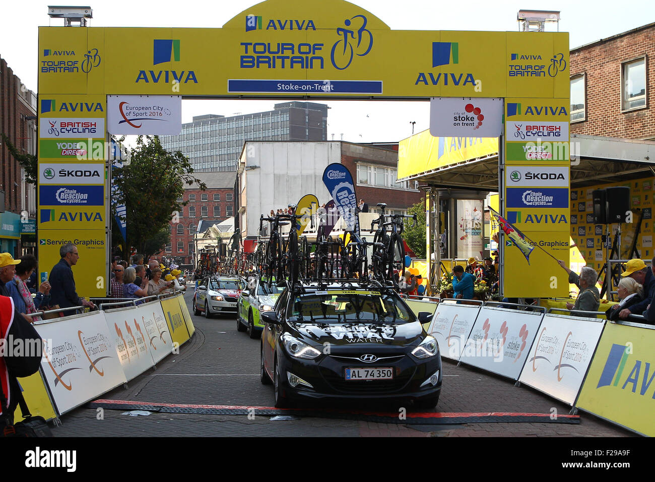 2015, Tour of Britain, Stage 6, Stoke to Nottingham, cycle, UK. The Cult Energy Pro Cycling Team support car sets-off from Stoke Stock Photo