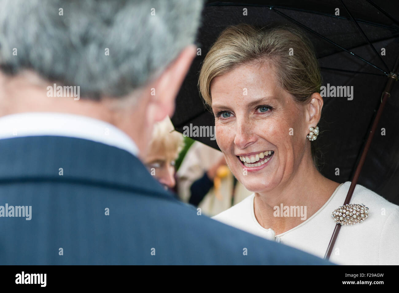 Hillsborough, Northern Ireland. 14 Sep 2015. Prince Edward, the Earl of Wessex, talks to guests at the annual Hillsborough Garden Party. Credit:  Stephen Barnes/Alamy Live News Stock Photo