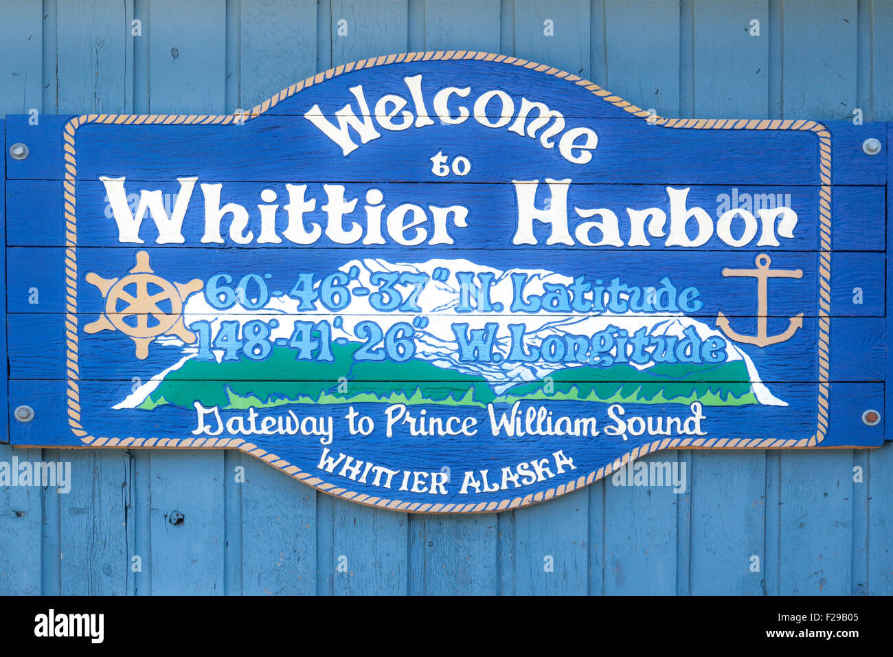 Whittier Harbor welcome sign. Stock Photo