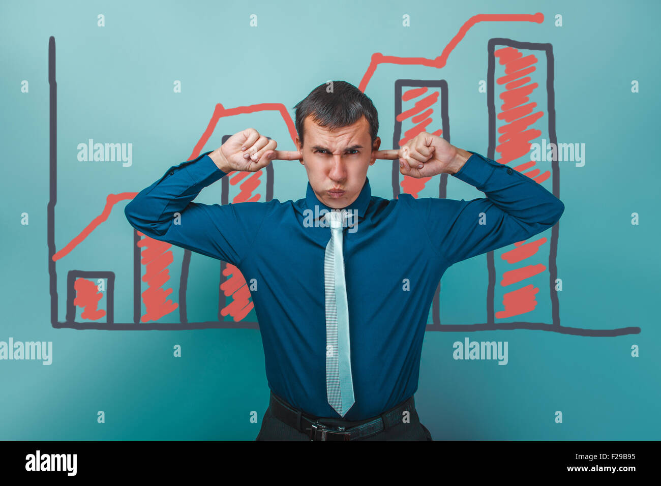 businessman man plugged his ears puffed out his cheeks graph gro Stock Photo