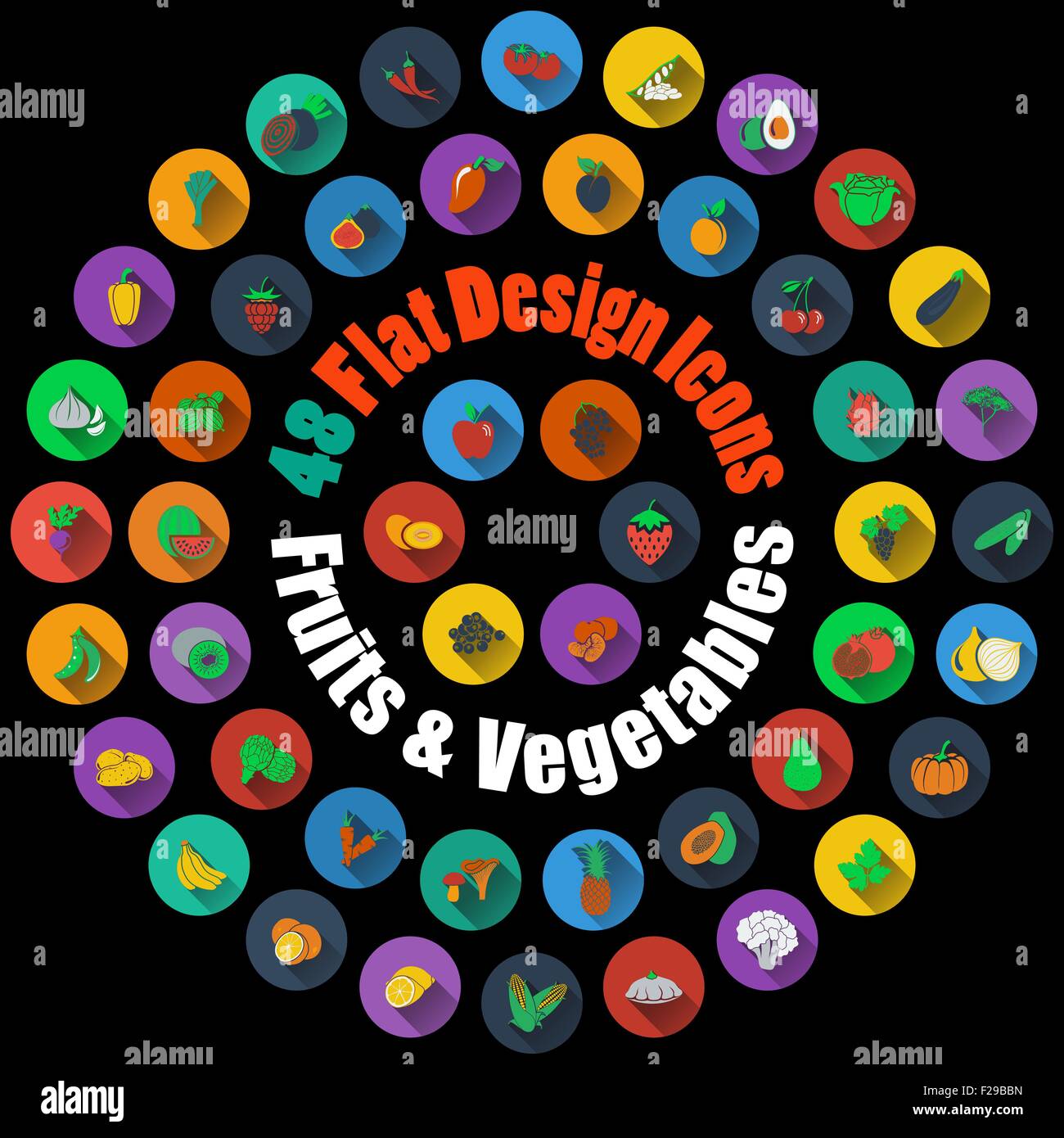 Set of High Detailed Fruits and Vegetables Smooth Icons in Flat Design ...