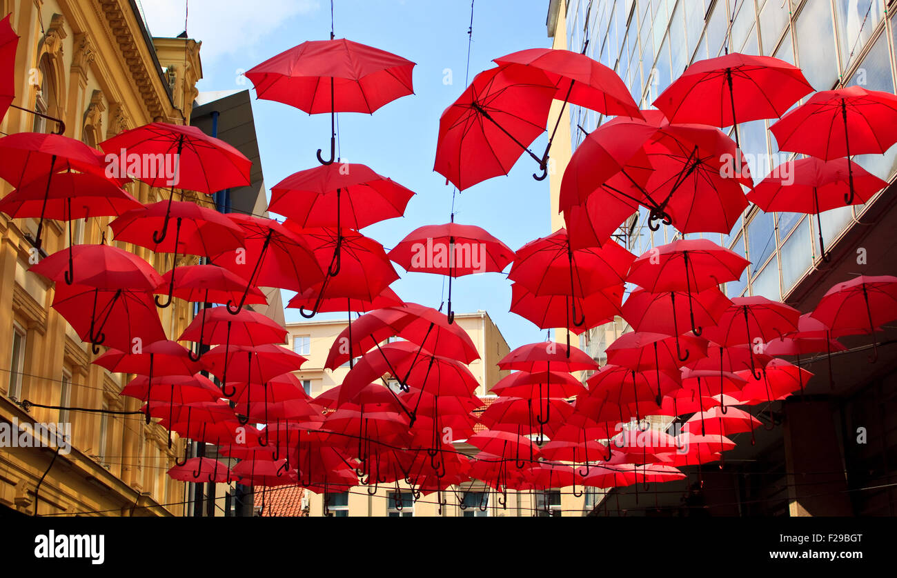 Red umbrellas in Belgrade Stock Photo