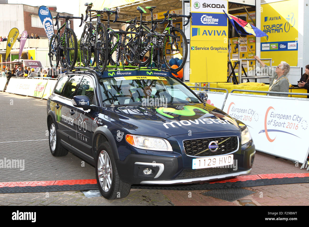 2015, Tour of Britain, Stage 6,Stoke to Nottingham, cycling, UK.  The Moviestar Team support car sets-off from Stoke. Stock Photo