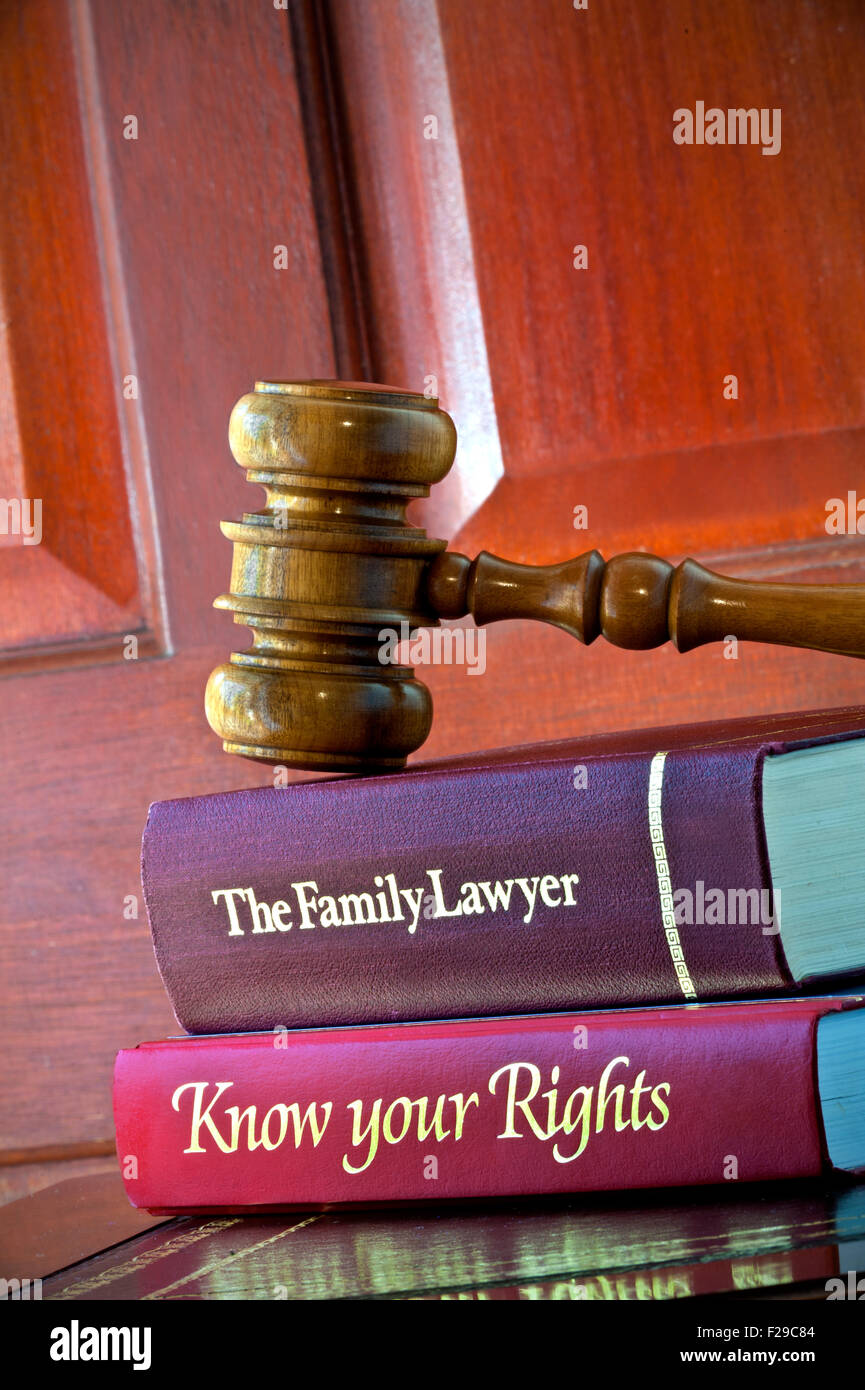 CONSUMER LAW Legal concept of Judges wooden gavel with home reference legal advice books on leather bound desk Stock Photo