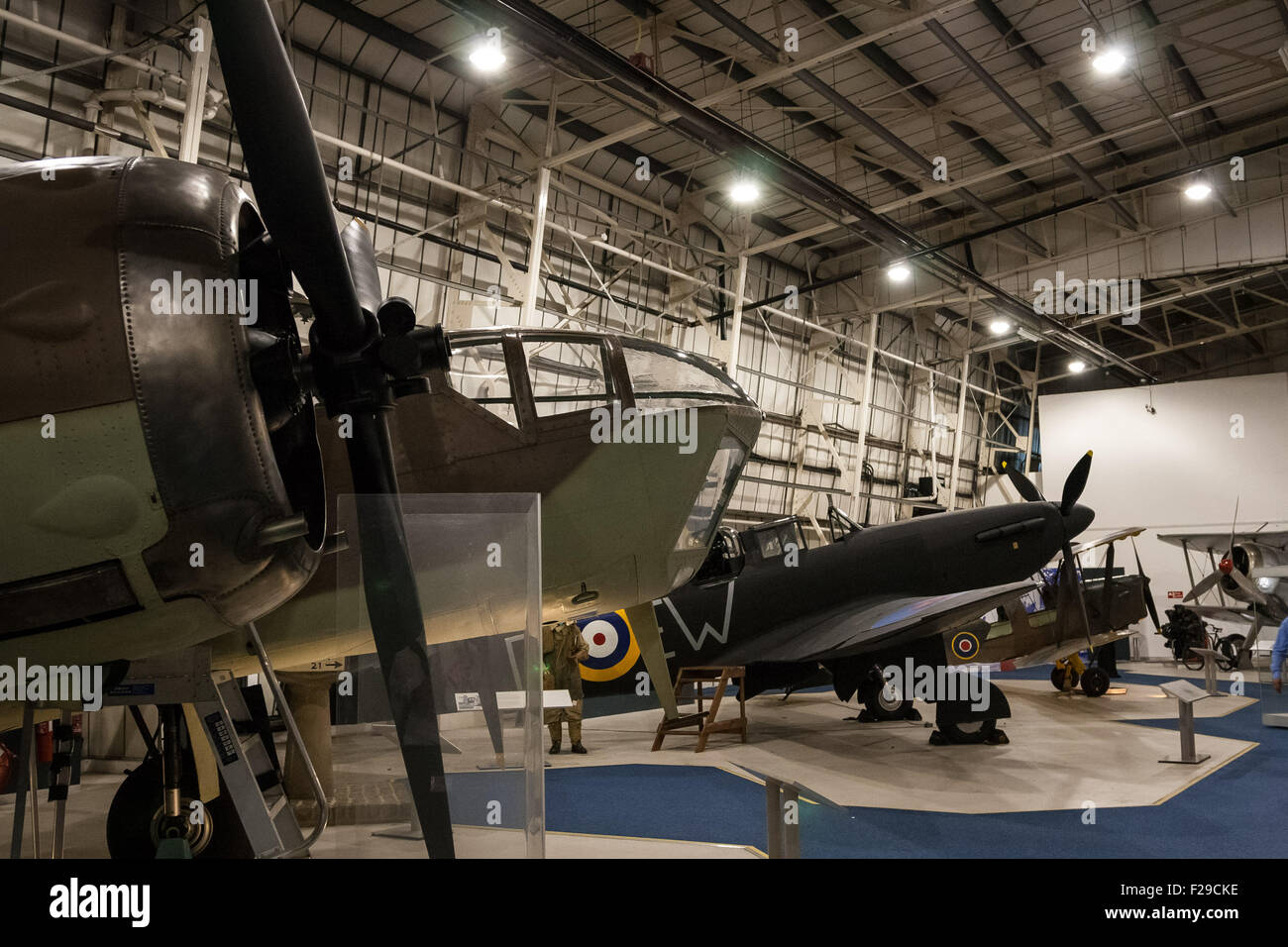London, UK. 14th September, 2015. Bristol Blenheim IV British Light Bomber (L) and Boulton Paul Defiant (R). The RAF Museum ‘Our Finest Hour’ aircraft display evening in commemoration of the 75th anniversary of the Battle of Britain Credit:  Guy Corbishley/Alamy Live News Stock Photo