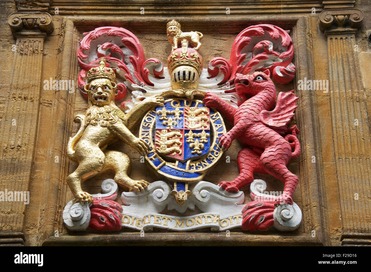 The Royal Coat of Arms of King Edward 6th in the grounds of Sherborne School, which was re-founded in his reign. Dorset, England, United Kingdom. Stock Photo