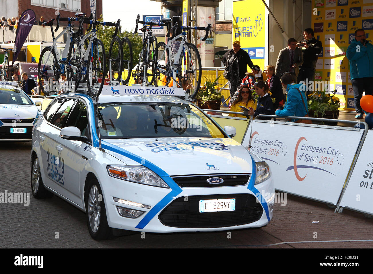 2015, Tour of Britain, Stage 6, Stoke to Nottingham, cycling, UK.  The Novo Nordisk Team support car sets-off from Stoke. Stock Photo