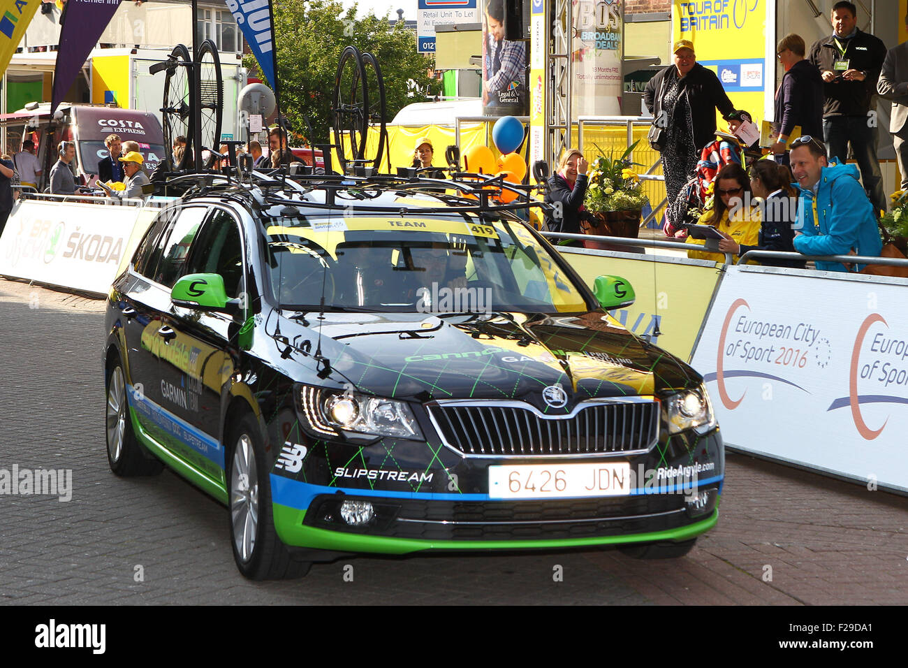 2015, Tour of Britain, Stage 6,cycling, UK. The Cannondale-Garmin Team support car sets-off from Stoke at the start of the stage Stock Photo
