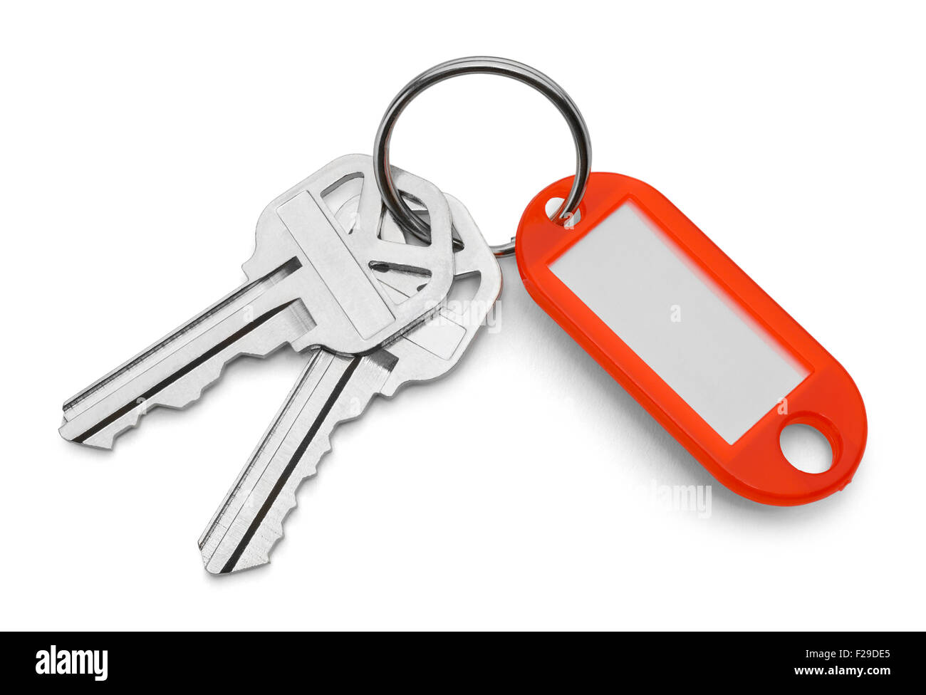 Red Key Chain Tag and Keys Isolated on White Background. Stock Photo