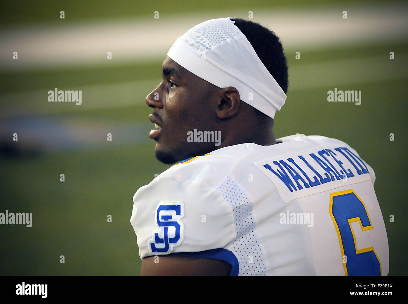 Colorado Springs, Colorado, USA. 12th Sep, 2015. San Jose State's, Cleveland Wallace, III, prior to Mountain West Conference action between the San Jose State Spartans and the Air Force Academy Falcons at Falcon Stadium, U.S. Air Force Academy, Colorado Springs, Colorado. Air Force defeats San Jose State 37-16. © csm/Alamy Live News Stock Photo