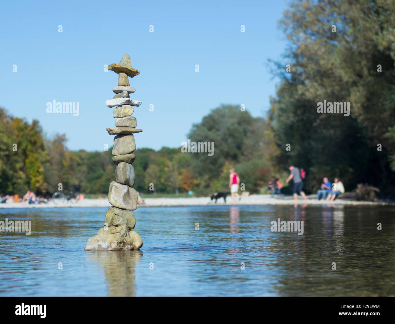 Stack of rocks balancing in Isar river, Bavaria, Germany Stock Photo ...