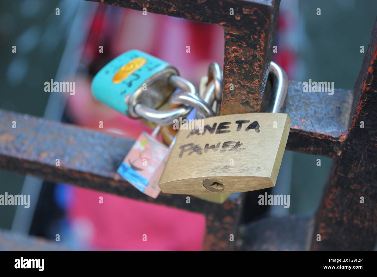 A padlock, with a couple's names on it. Venice Italy Stock Photo