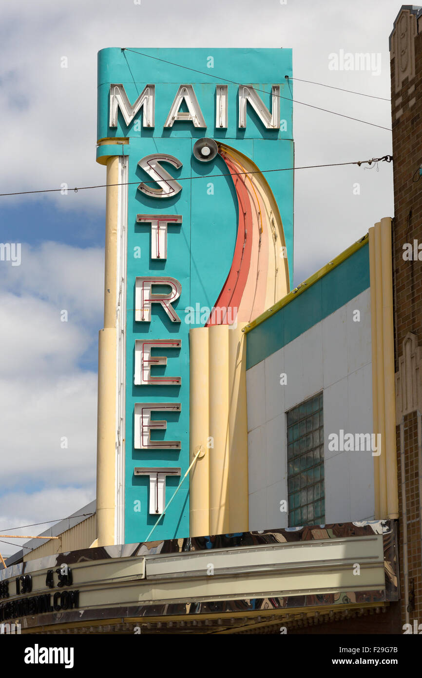 1939 art deco movie theater sign and marquee  along the Main Street of Sauk Centre, Minnesota Stock Photo