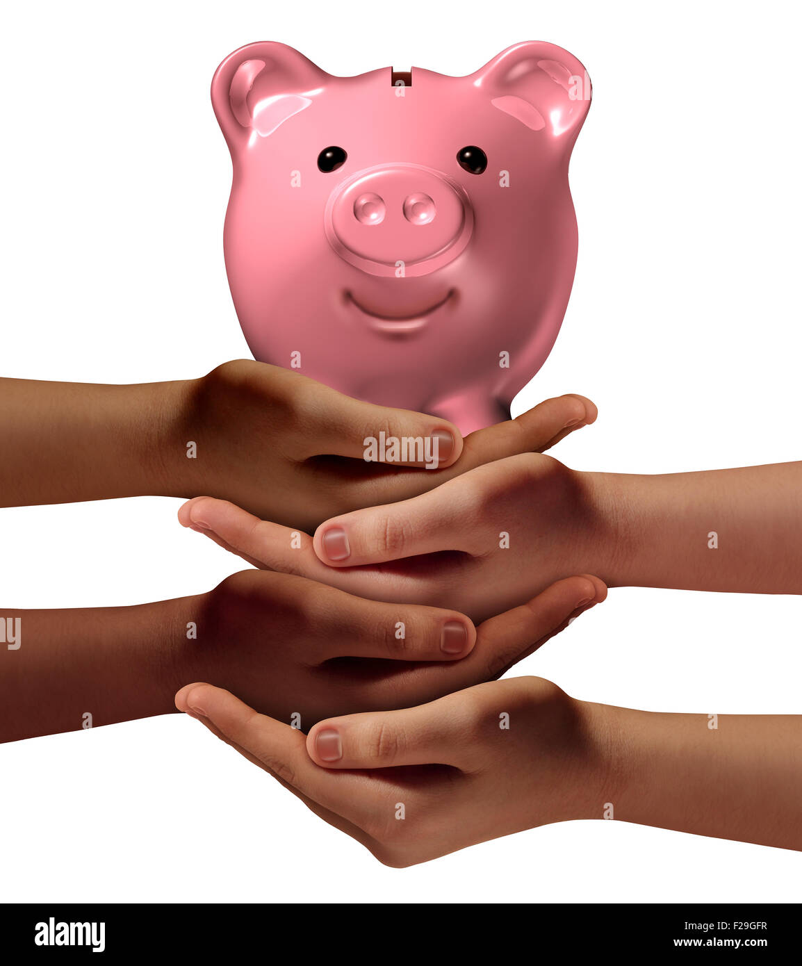 Community savings business concept and social banking symbol as a group of diverse hands holding up a piggy bank as a financial Stock Photo