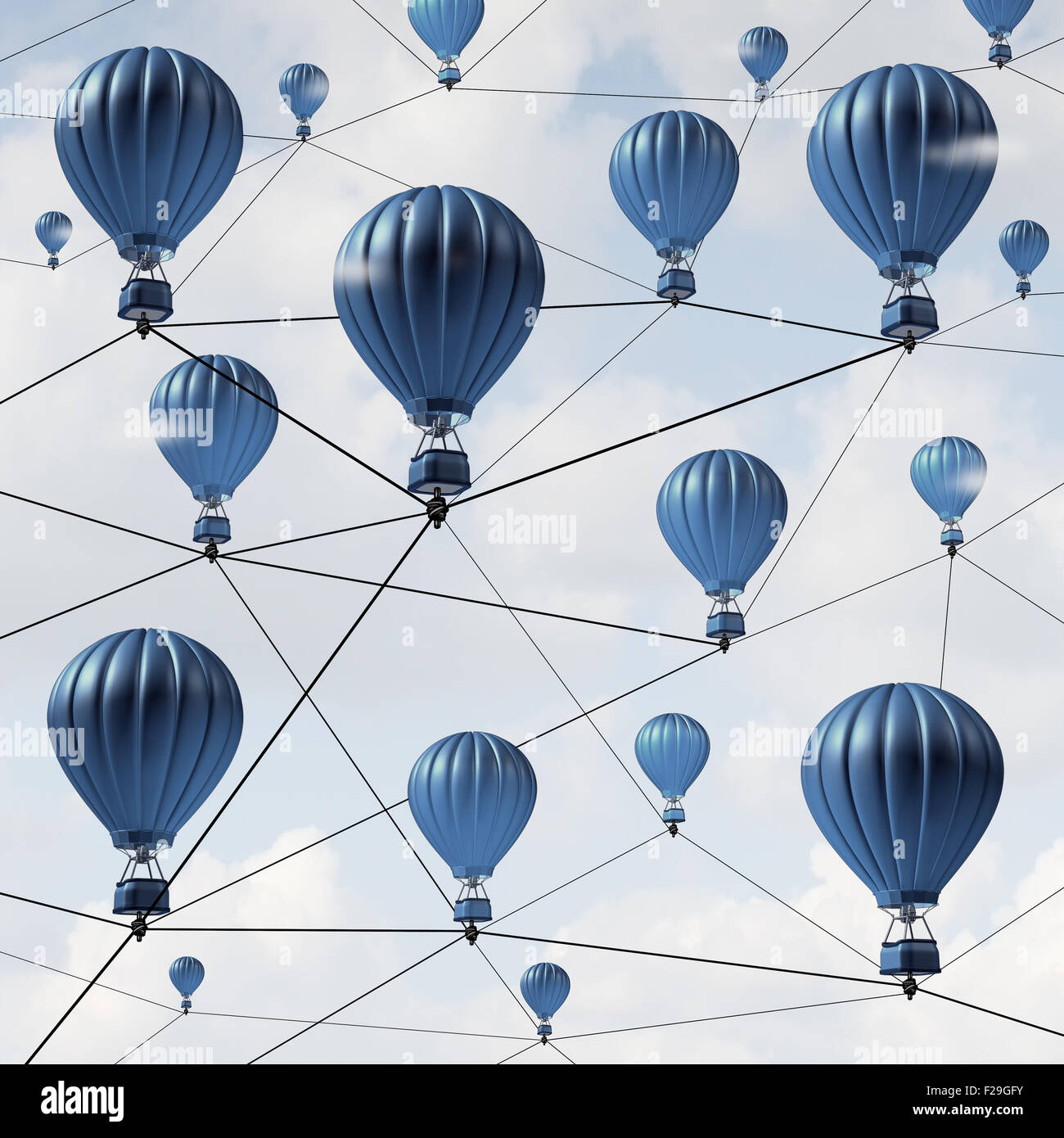 Network connection success concept and community social media links as a group of blue hot air balloons connected together in a Stock Photo