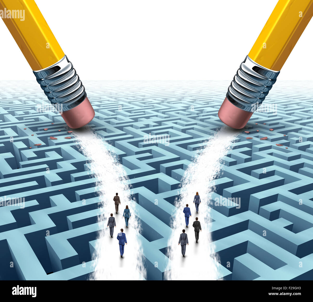 Business team solution choice as two diverse groups of employees on a maze or labyrinth walking on open paths made by pencil erasers as a metaphor for employment options for recruiting companies. Stock Photo