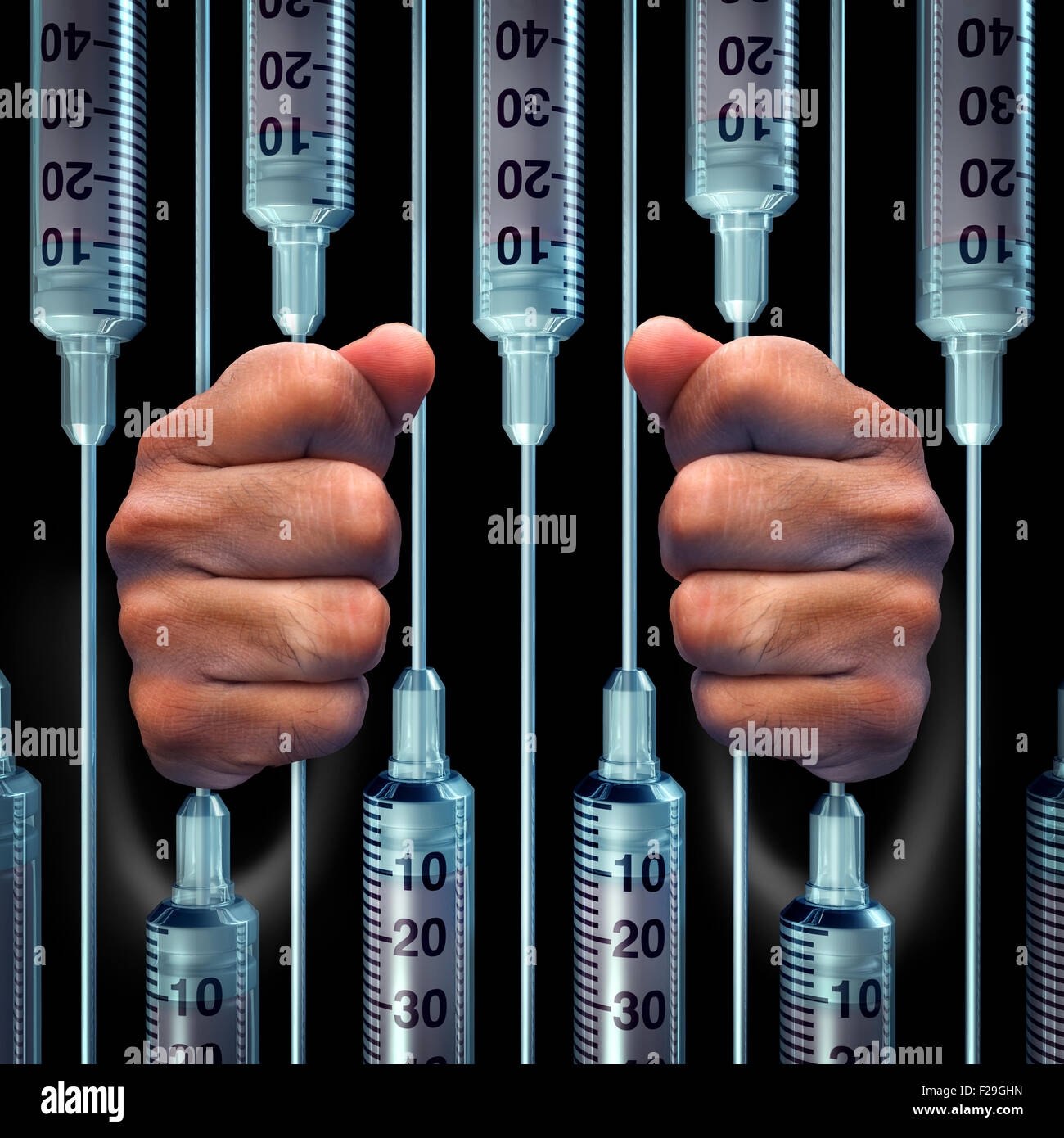 Medical crime concept and criminal doctor malpractice negligence symbol as hands holding a group of syringes as prison or jail bars as an icon for health care trap or medicine addiction. Stock Photo