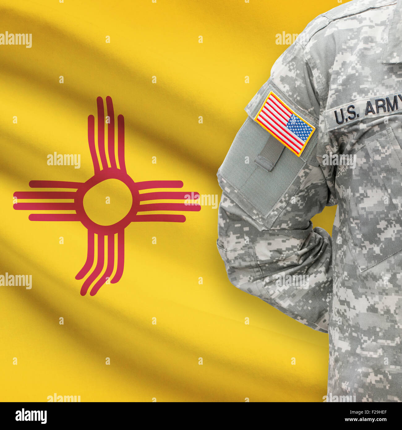 American soldier with US state flag on background series - New Mexico Stock Photo