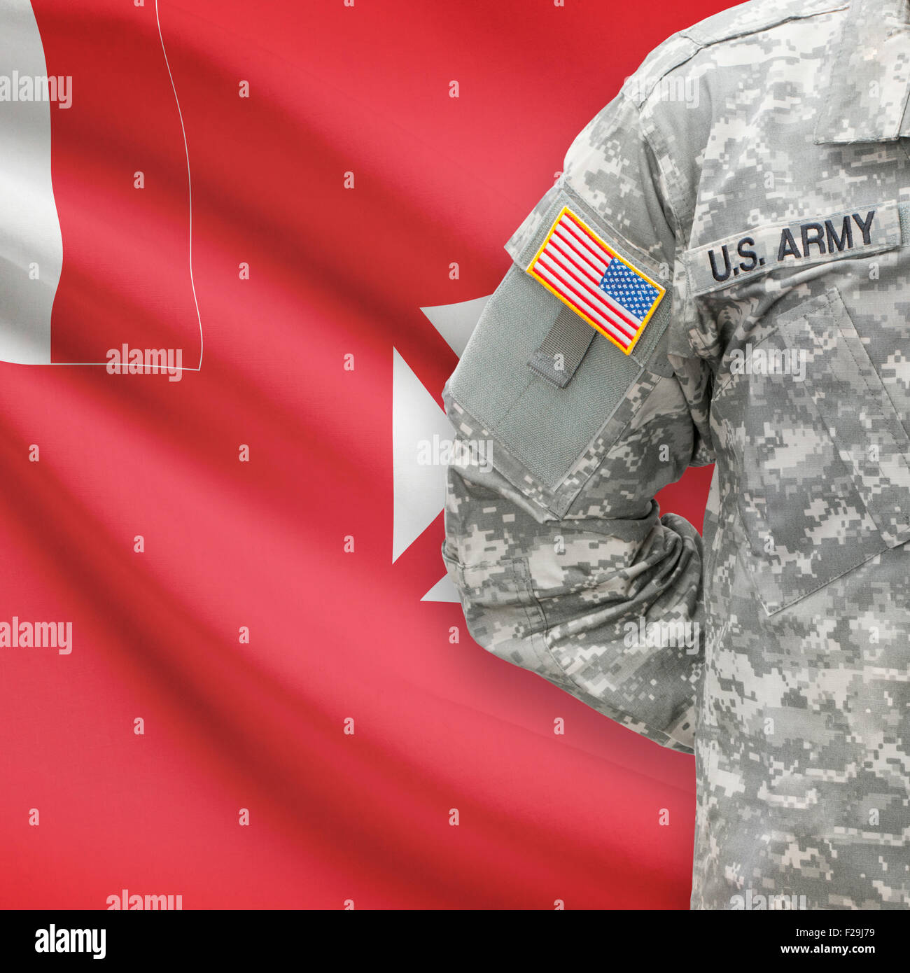 American soldier with flag on background series - Wallis and Futuna Stock Photo
