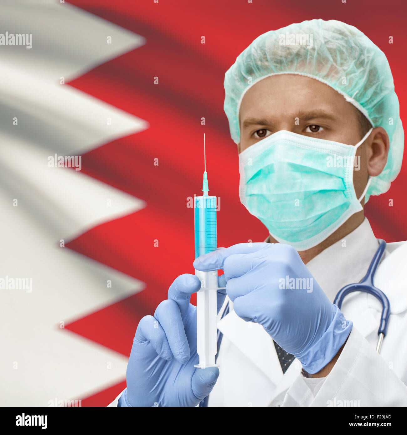 Doctor with syringe in hands and flag on background series Bahrain