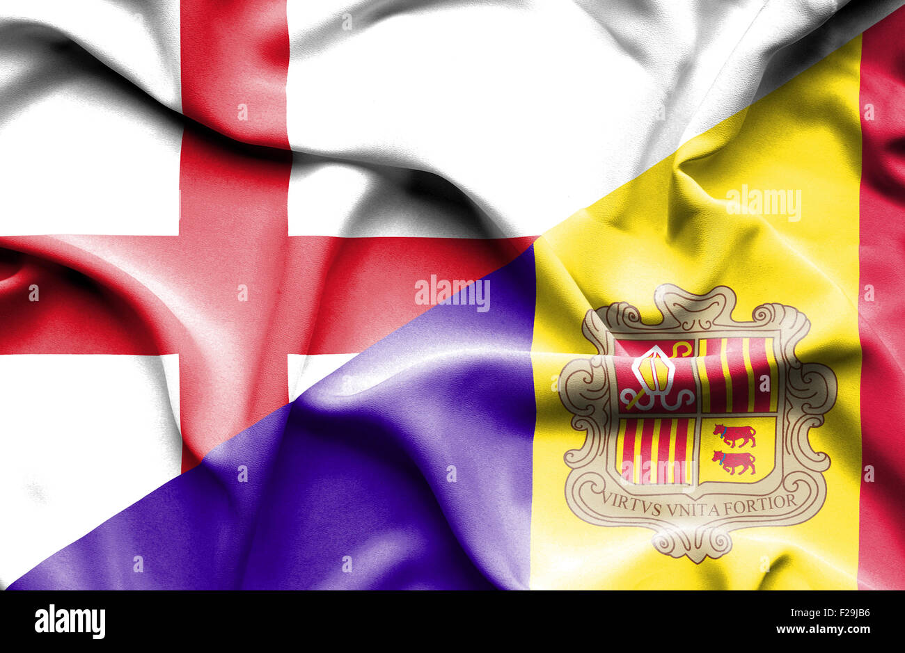 Waving flag of Andorra and England Stock Photo