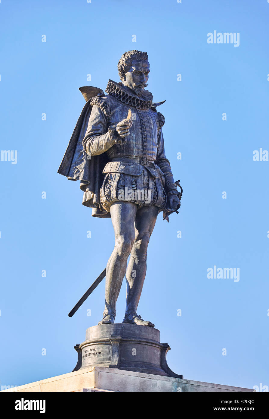 Cervantes statue at Cervantes square. Alcala de Henares, Community of Madrid, Spain. Stock Photo