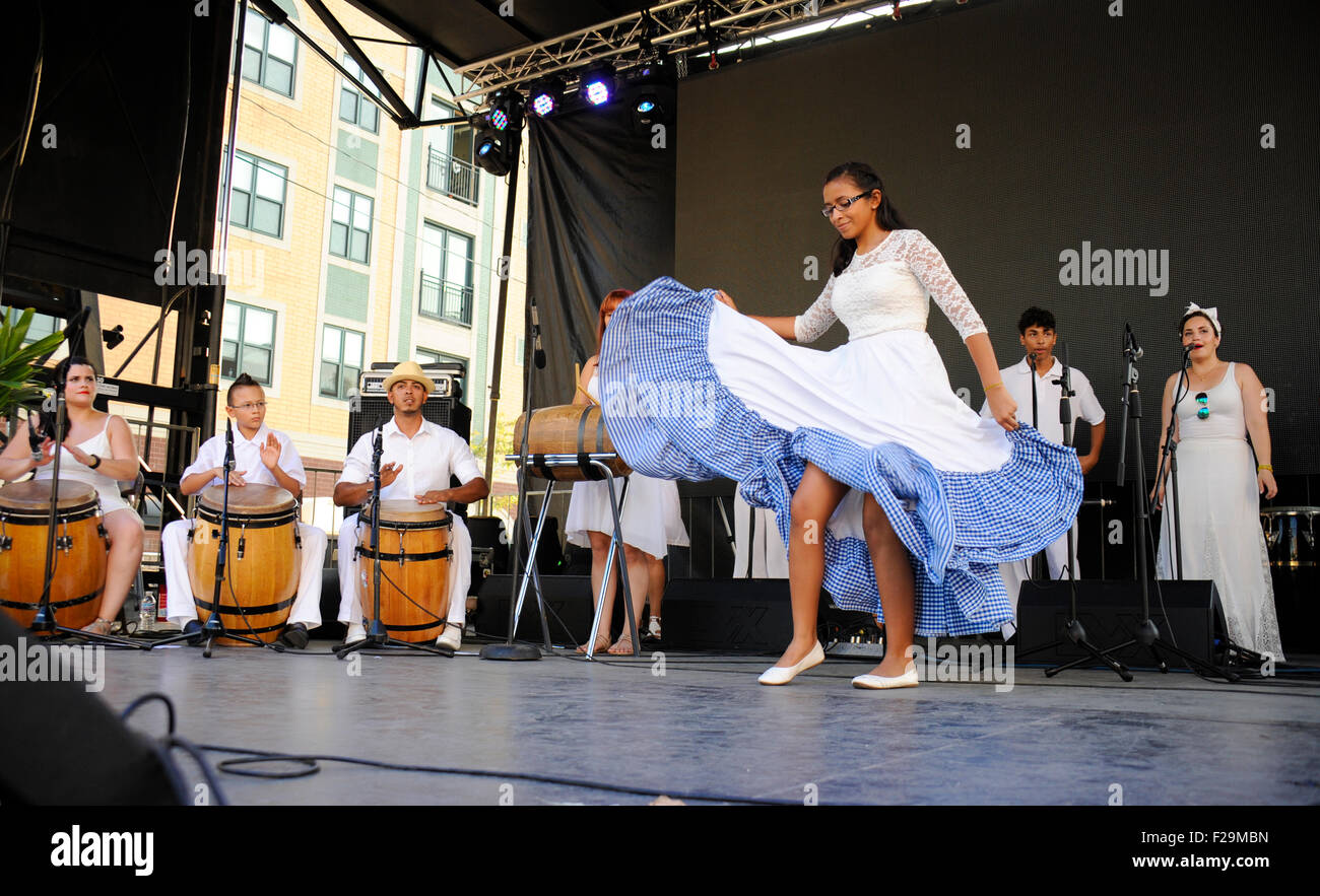 Musical group 'AfriCaribe' playing at the Fiesta Boricua in the Humboldt Park neighborhood in Chicago, Illinois. Stock Photo