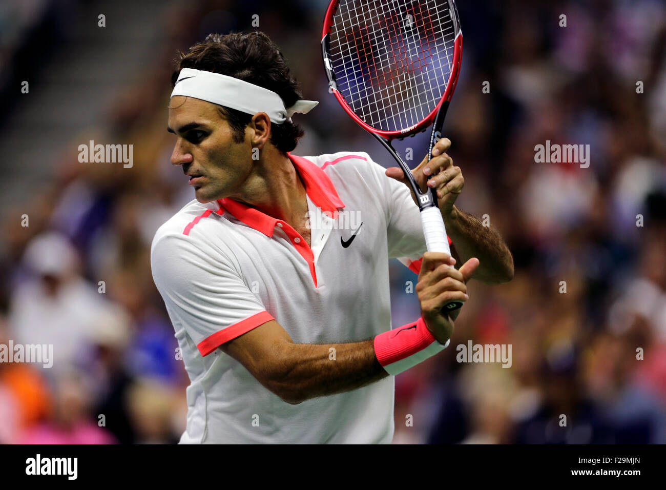 New York, USA. 13th September, 2015. Roger Federer in action against Novak Djokovic of Serbia in the final of the U.S. Open. Djokovic defeated Federer 6-4, 5-7, 6-4, 6-4 to win his second U.S Open title at Flushing Meadows, New York on September 13th, 2015. Credit:  Adam Stoltman/Alamy Live News Stock Photo