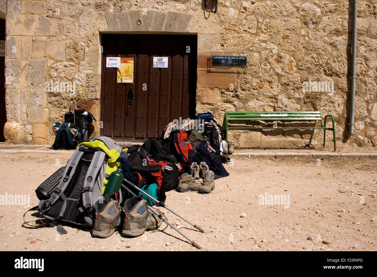A lot of backpacks in row, way of st. James Stock Photo - Alamy