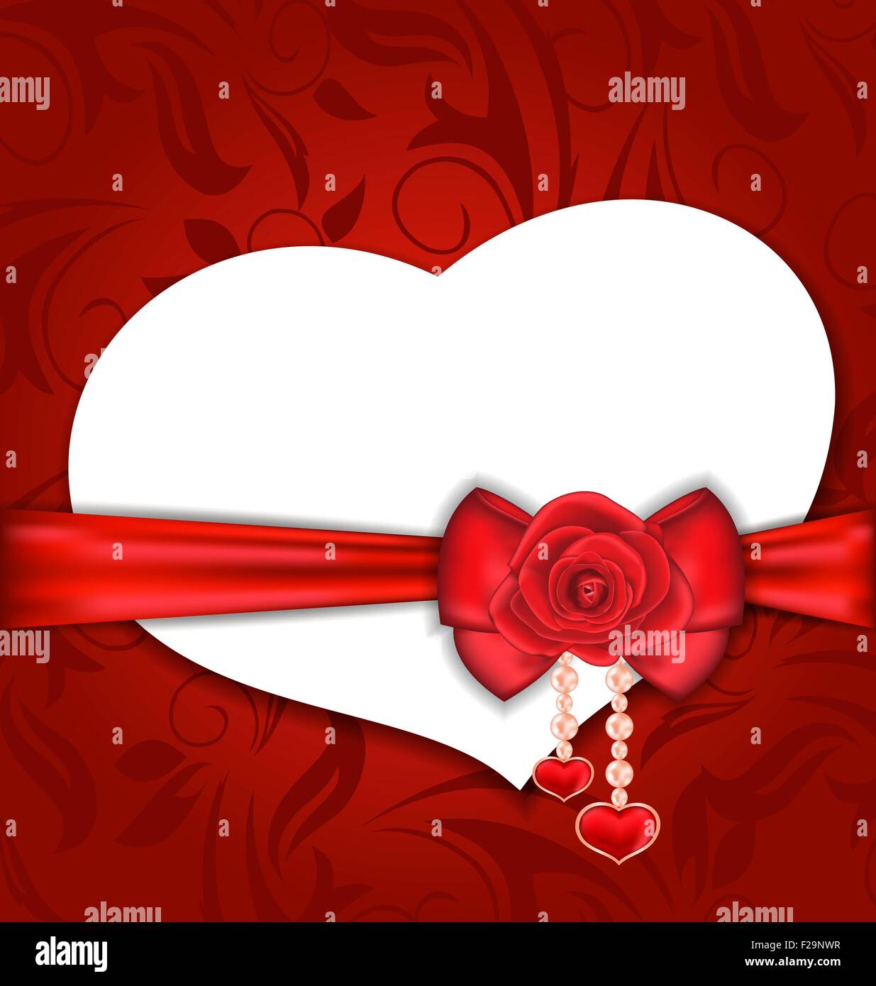 Card heart shaped with silk bow and red rose for Valentine Day Stock ...
