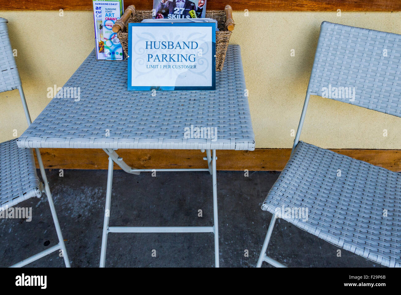 Husband Parking sign outside gift shop, Gibsons, British Columbia, Canada Stock Photo