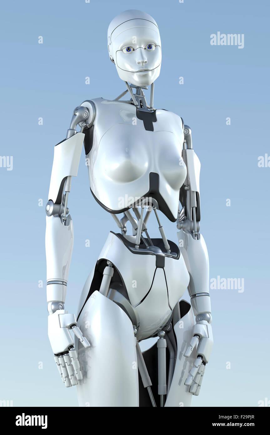 Female humanoid robot. Looking into camera. Stock Photo