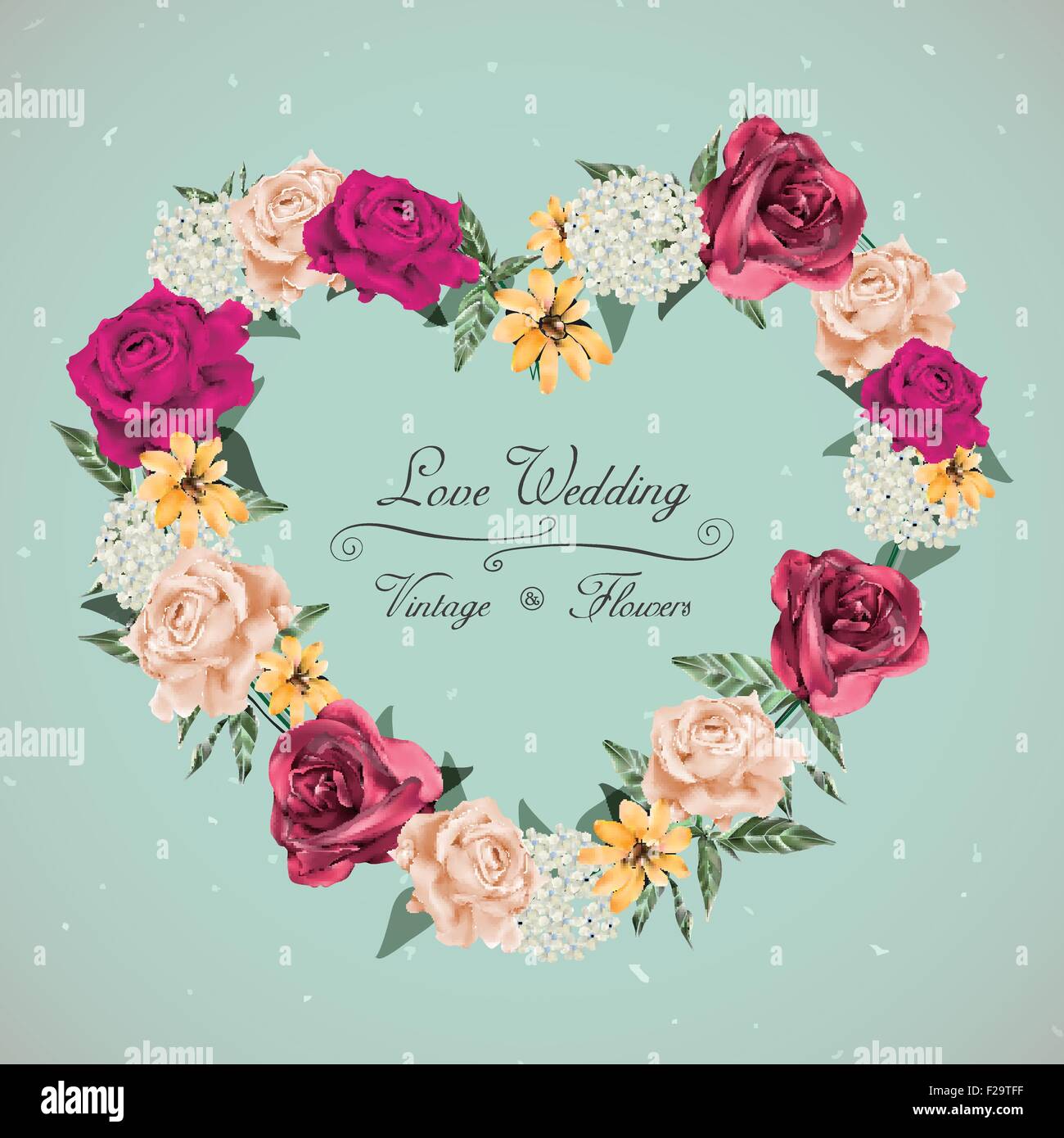 romantic floral wedding invitation design with heart shaped wreath ...