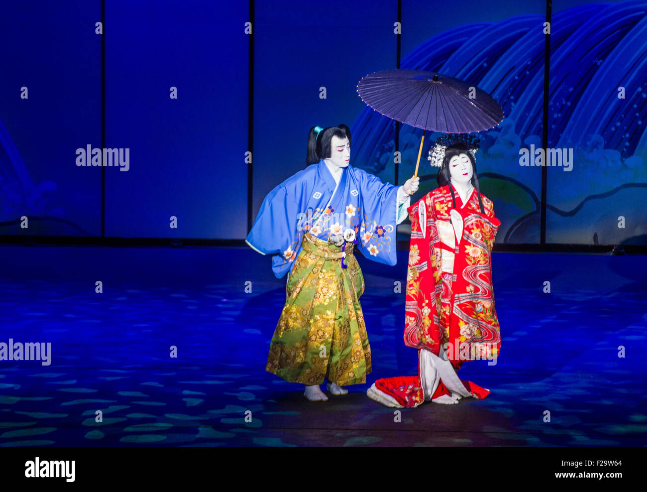 Traditional Japanese Kabuki performance in front of the Bellagio hotel